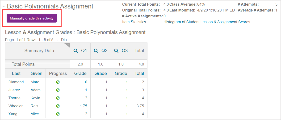 The purple button above the gradebook data results table navigates you to the Grade Manager.